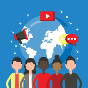 Illustration of five people standing in front of a globe with a megaphone, video, and chat icon above them.