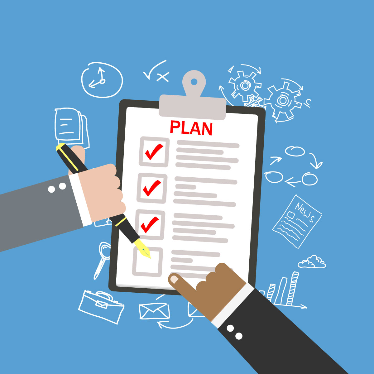 Illustration of two people's hands pointing at a clipboard with items checked off of a to-do list. Hand-drawn sketches of business symbols (papers, charts, emails, etc.) surround the clipboard.