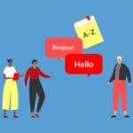 Trois personnes sont debout et se font face. Des bulles de texte au milieu disent « Bonjour » et « Hello », et l’image d’un livre avec A-Z sur la couverture flotte au-dessus d’eux.