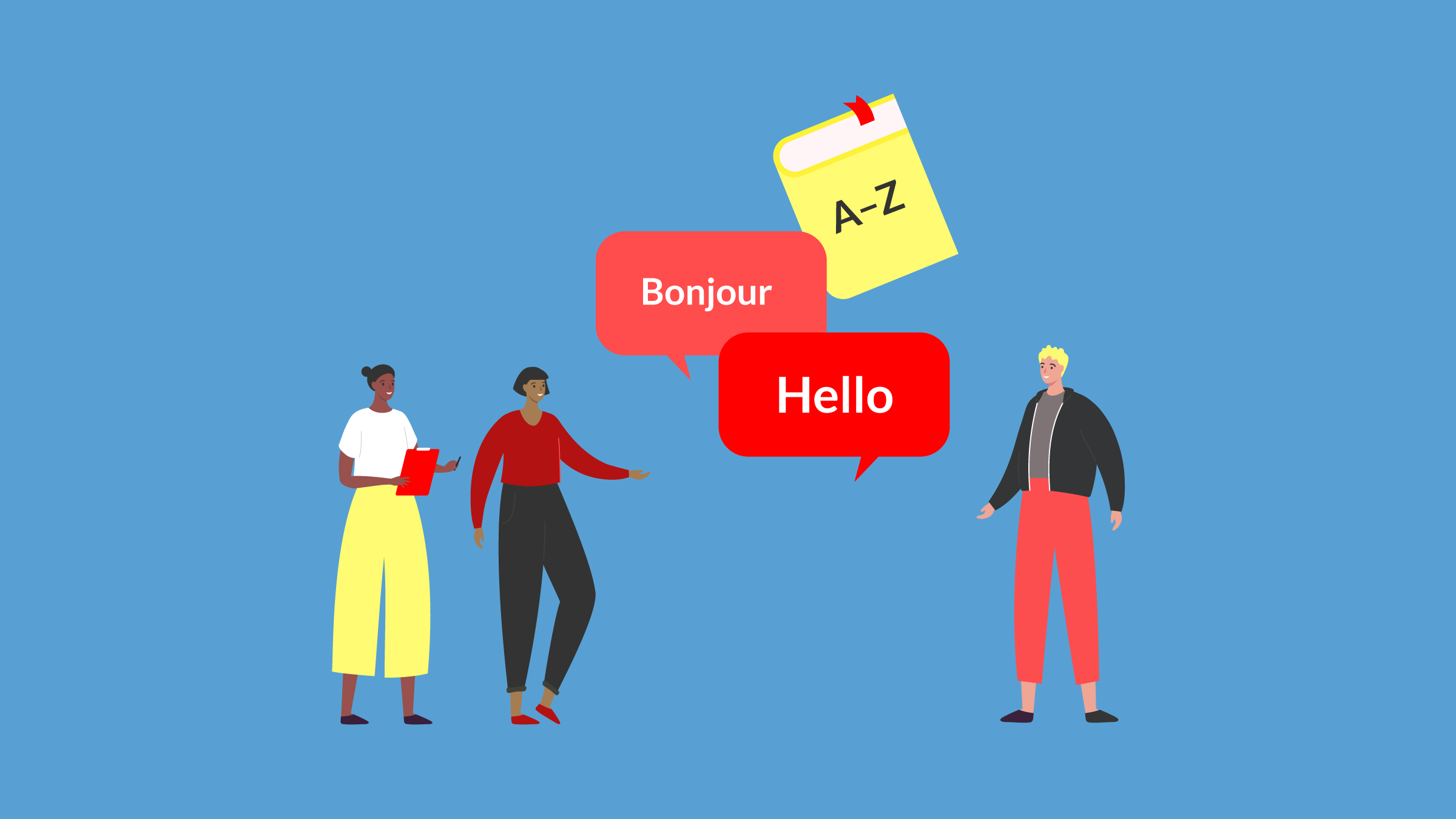 Trois personnes sont debout et se font face. Des bulles de texte au milieu disent « Bonjour » et « Hello », et l’image d’un livre avec A-Z sur la couverture flotte au-dessus d’eux.